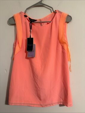 NWT Ted Baker Orange peach Sleeveless Ruffle Trim Top blouse 100% silk Ted 1 - 4